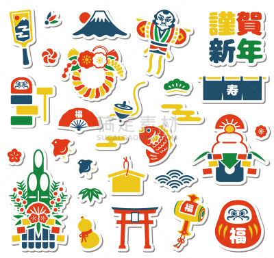 新年前夕,绘画插图,日本,镜饼,可爱的,一月,富士山,鸟居,卡通