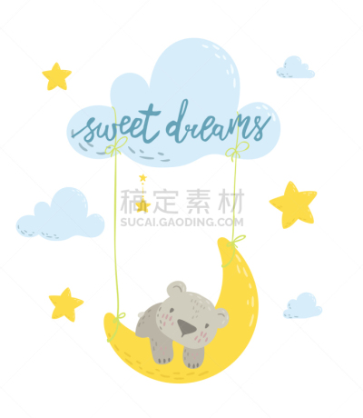 可爱的,绘画插图,矢量,平坦的,举起手,泰迪熊,请柬,贺卡,背景分离,云
