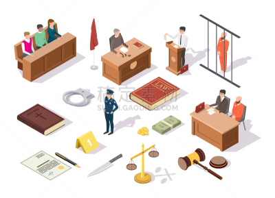 图标集,律师,陪审员,法官,平衡,检察官,警官,三维图形,手铐,槌子