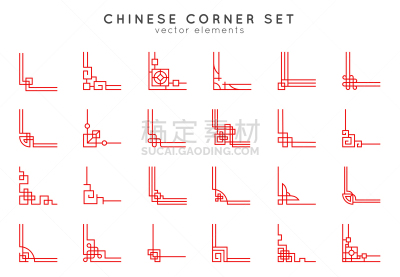 传统,红色,高雅,四元素,矢量,式样,角落
