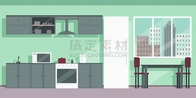 室内,矢量,厨房,绘画插图,卡通,抽油烟机,壶,冰箱,全景,图像