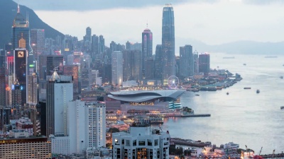延时 黄昏时的香港空中天际线城市景观