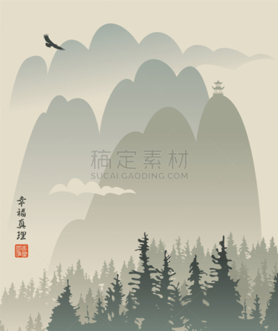地形,山,寿司,云杉,鸟类,杉树,秃鹰,日本,剪影