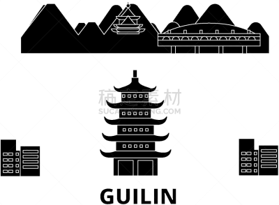 桂林,城市天际线,平坦的,阳朔,喀斯特,矢量,旅途,旅行,布置