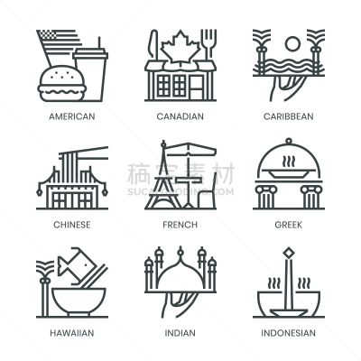 食品,图标集,矢量,方形画幅,家庭,线条,世界遗产,飞鱼,餐馆,不健康食物