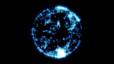 用发光的点、线和多边形构造的动画旋转抽象蓝色辐射球