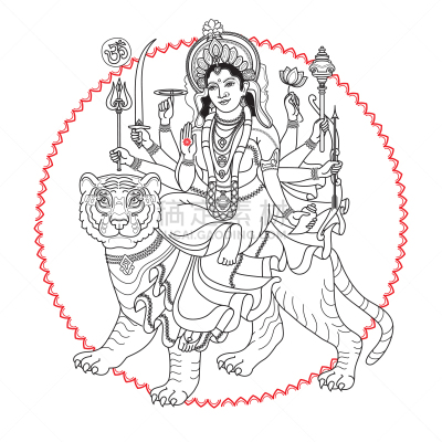 女神,杜尔迦,虎,分离着色,传统,九夜节,坐,庆祝,爱,装饰