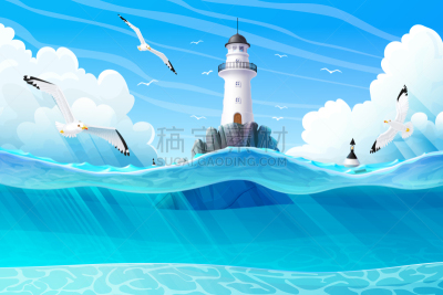 灯塔楼,海洋,动画片,深的,云,天气,船,鸟类,暴风雨,复古