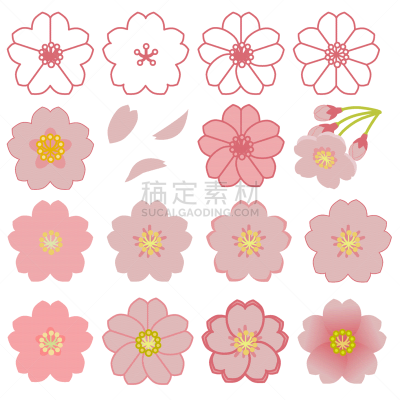 简单,樱桃树,绘画插图,图标集,矢量,可爱的,线条,珊瑚色,仅一朵花,吉野樱花