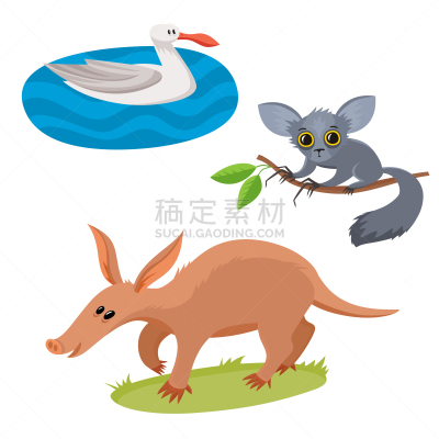 绘画插图,卡通,野外动物,矢量,土豚,狐猴子,可爱的,英语,贺卡,背景分离