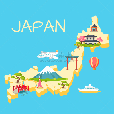 概念,日本,平坦的,非都市风光,建筑,自然,图像,矢量,旅游,旅行