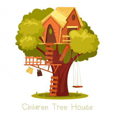children wooden house on oak tree with ladder and