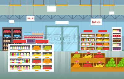 食品杂货,绘画插图,超级市场,架子,商店,平坦的,购物中心,饮料,商务,空的