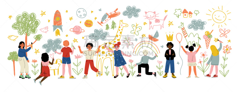 铅笔,儿童,绘画插图,画笔,矢量,墙,白色,个性,绘画艺术品,画画