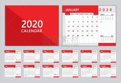 2020,模板,现代,红色,矢量,台历,日历,绘画插图,覆盖,设计