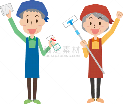 老年男人,女人,风档刮水器,健康保健,一个人,地板,围裙,仅一个老年女人,绘画插图,仅女人