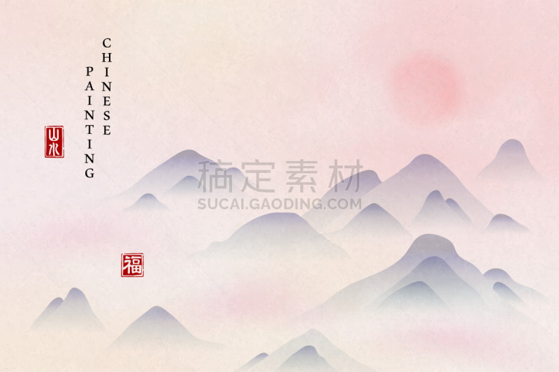自然,高雅,背景,雾,山,水墨画,地形,艺术,日落