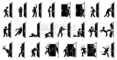 男人,门,多样,代表,简笔人物画,信函,敲门,踢,毁坏,搜寻
