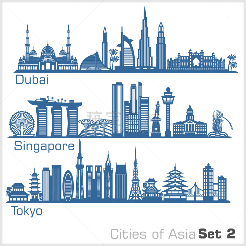 城市,东京,迪拜,新加坡,华丽的,亚洲,商务,现代,古董,剪影