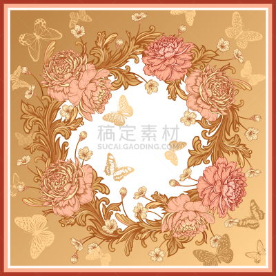 华贵,巴洛克风格,牡丹,花环,花纹,装饰品,大特写,蝴蝶,玫瑰,华丽的