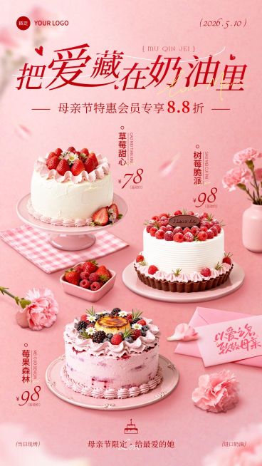 母亲节节日促销烘焙甜品甜美感竖版海报预览效果