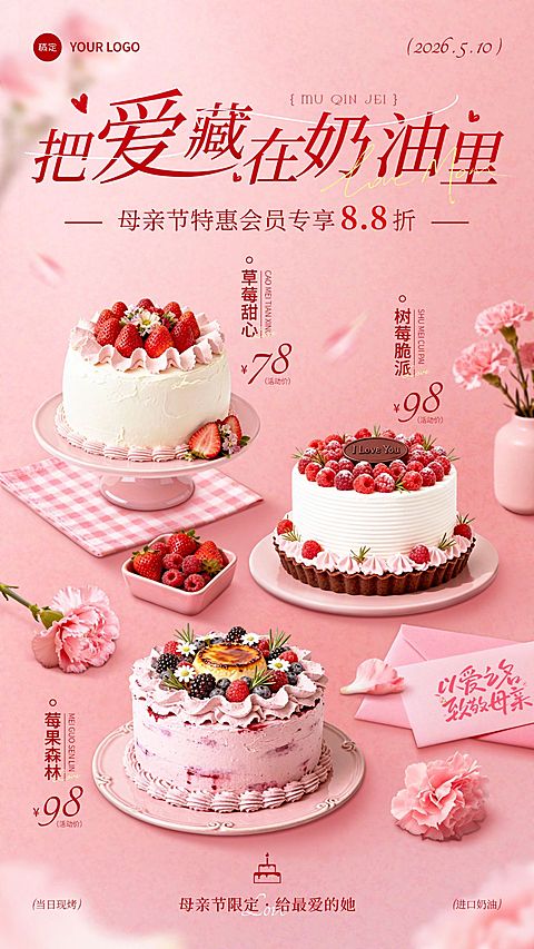 母亲节节日促销烘焙甜品甜美感竖版海报