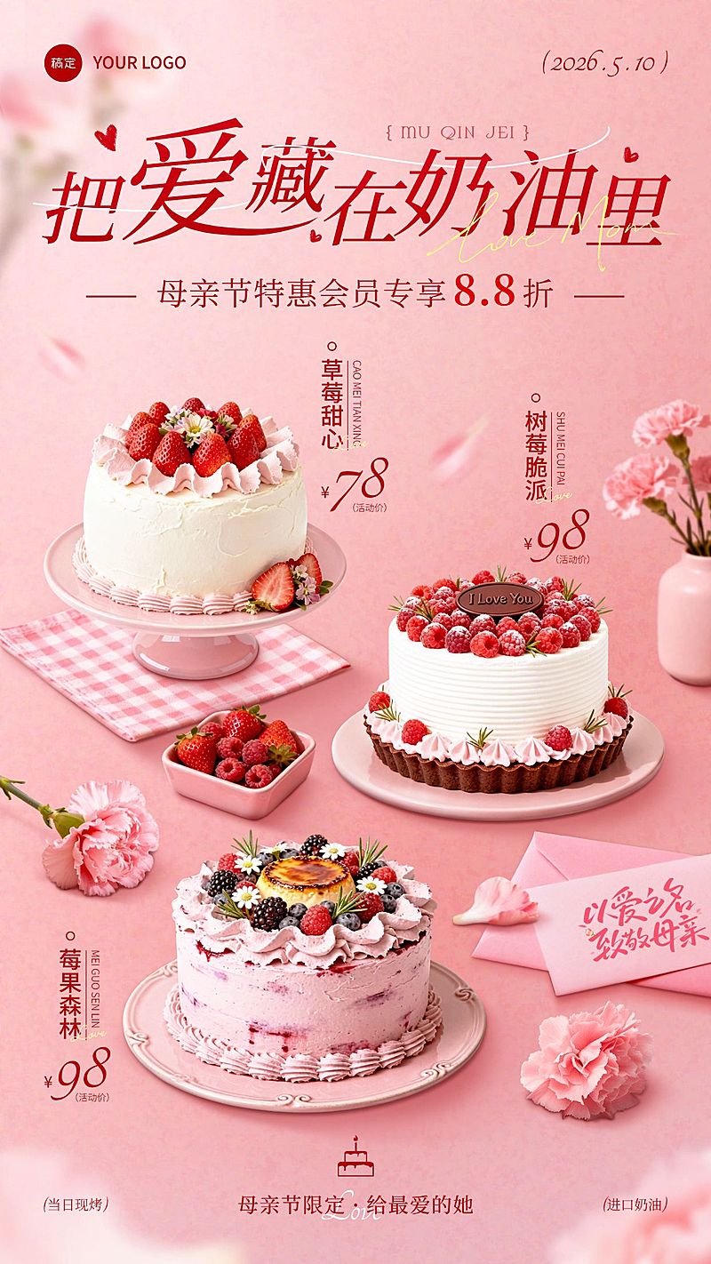 母亲节节日促销烘焙甜品甜美感竖版海报