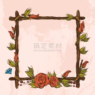 玫瑰,枝,边框,正方形,华丽的,绳子,柳条,梦符咒,复古,做