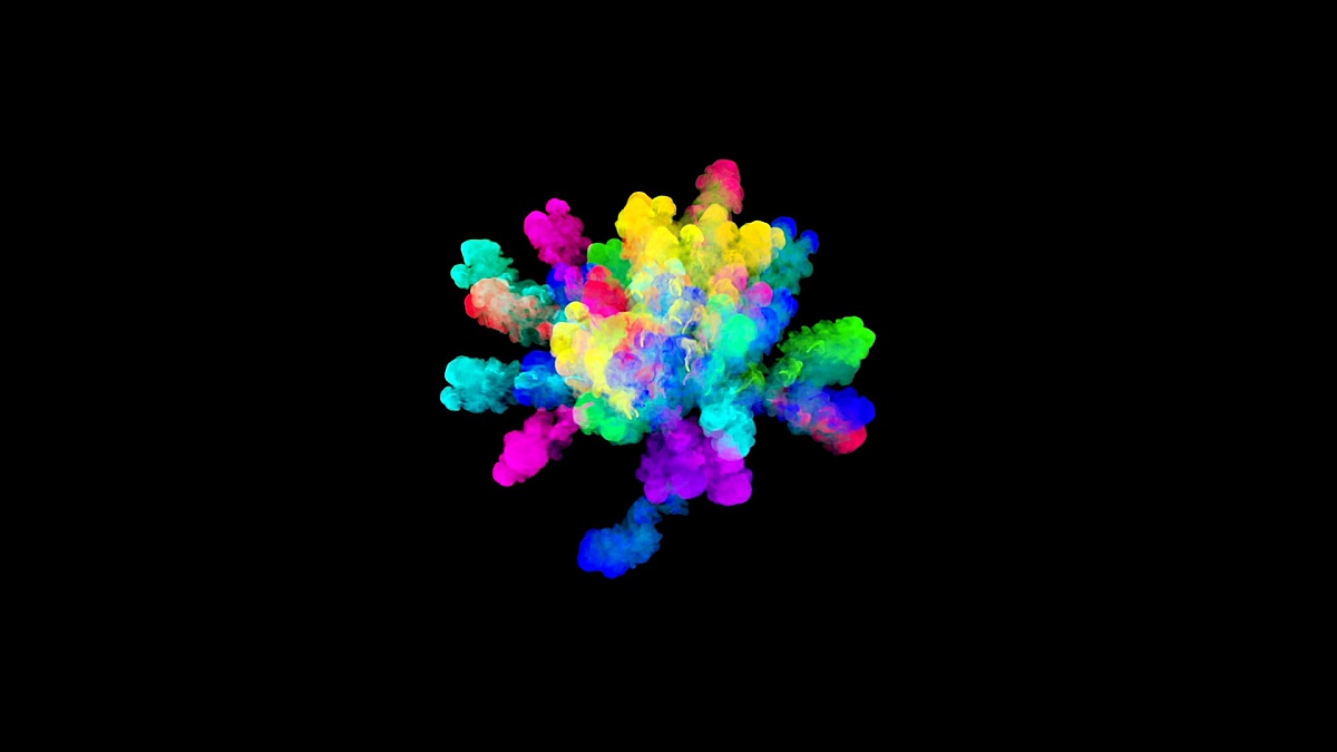 黑色背景下隔离的粉末爆炸。粒子的3D动画作为彩色背景或覆盖效果。像胡里节一样明亮的呈现彩虹色粉。3