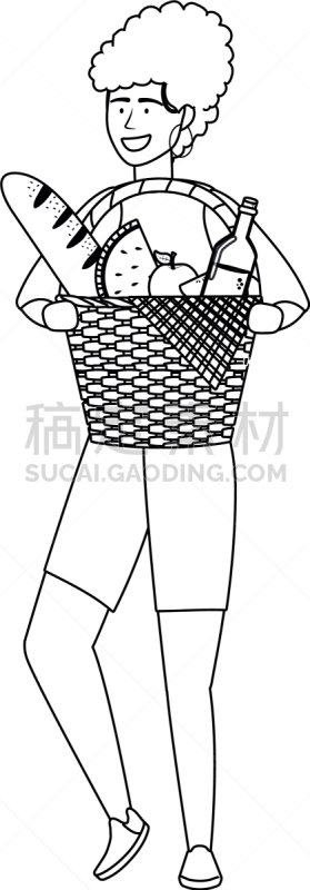 野餐,女人,动画片,设计师,篮子,浪漫,面包,食品,休闲,午餐