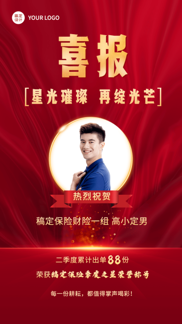 金融保险销售业绩表彰喜报贺报红金喜庆风人物海报预览效果