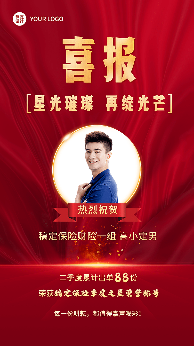 金融保险销售业绩表彰喜报贺报红金喜庆风人物海报
