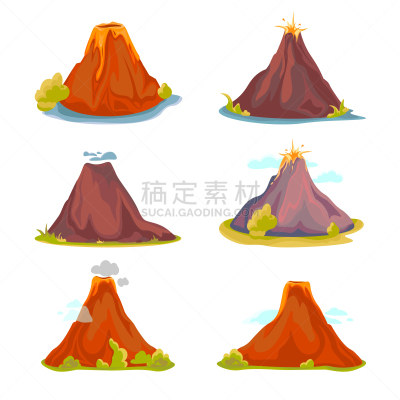 热,图标集,矢量,山,岩石,绘画插图,卡通,火山,熔岩,活力