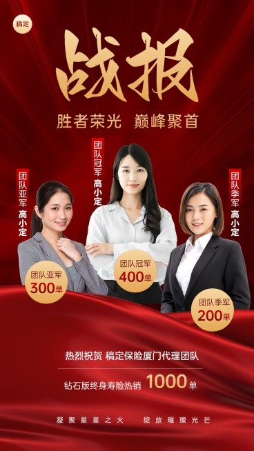 金融保险销售业绩表彰团队喜报多人手机海报预览效果