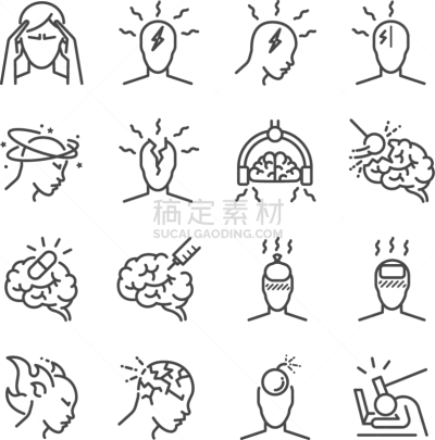 头痛,图标集,成一排,成年的,女人,轮廓,黑色,宿醉,疲劳的,生病