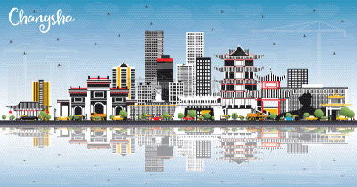 长沙,城市天际线,建筑外部,灰色,旅途,商务,云,鸟类,湖南省