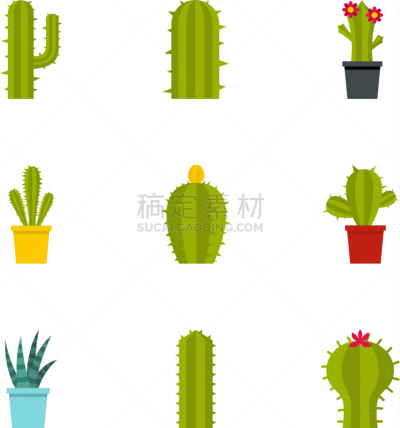 图标集,肉质植物,扁平化设计,分离着色,数字9,花盆,环境,锅,图像,收集