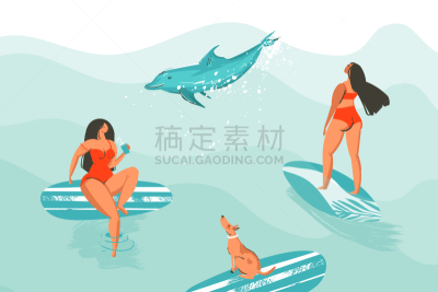 夏天,抽象,举起手,动画片,插画,家庭,狗,海豚,绘制,休闲