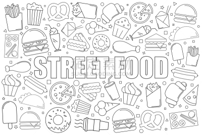 街头食品,背景,线图标,饮料,寿司,苏打,咖啡,蛋糕,食品,油炸