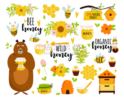 蜂蜜,矢量,蜂箱,可爱的,文字,beekeeper,图像,组物体,广口瓶,动物