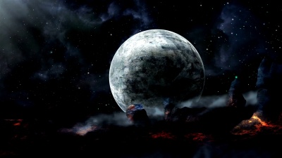 穿越太空，带着行星和熔岩的土地。