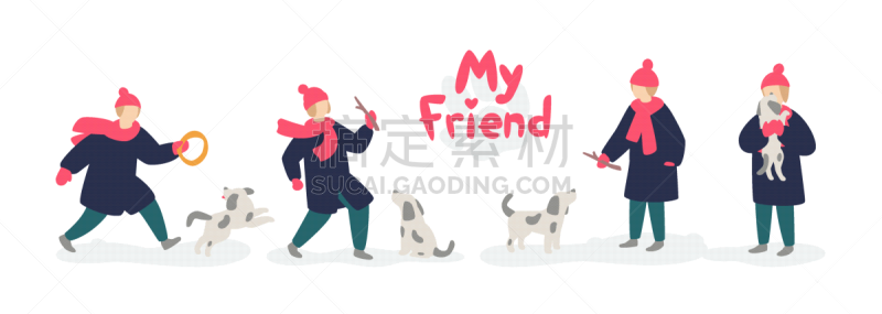 狗,进行中,女孩,青少年,可爱的,雪,公园,休闲,爱,散步