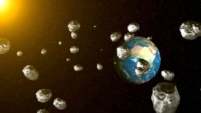 太空中的小行星飞向地球。空间