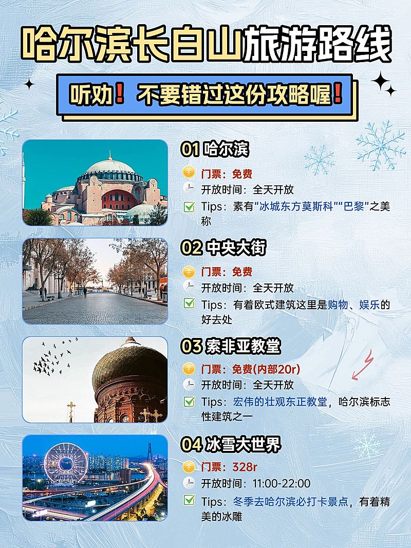 哈尔滨长白山旅游攻略图框排版小红书配图aigc