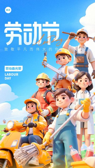 劳动节五一软3D职业群像场景海报AIGC