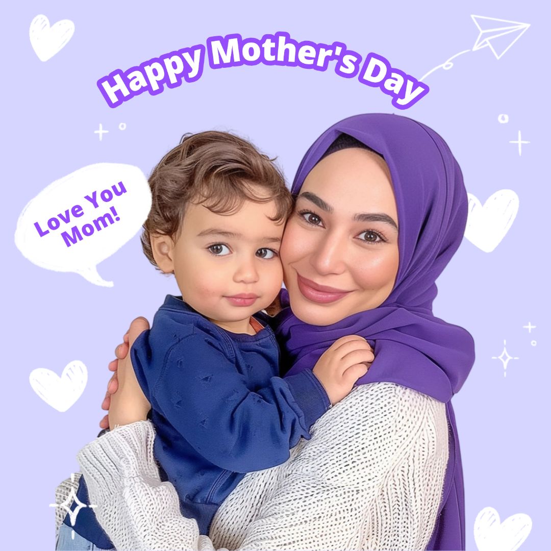 Mother's Day Lavender Background with Hearts Elements Hijab Mother Holding Son Instagram Post Image
