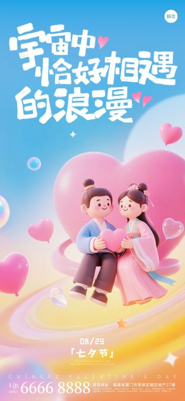 七夕节日祝福通用3D牛郎织女浪漫感全屏竖版海报AIGC预览效果