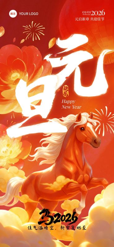 元旦节新年快乐马年2026插画全屏海报AIGC预览效果