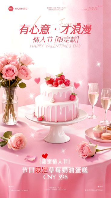 情人节节日营销餐饮通用浪漫感全屏竖版海报预览效果