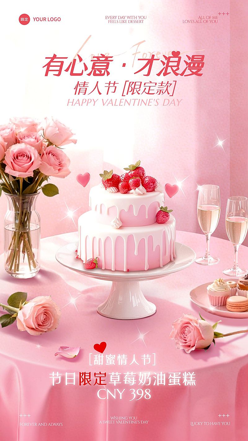 情人节节日营销餐饮通用浪漫感全屏竖版海报